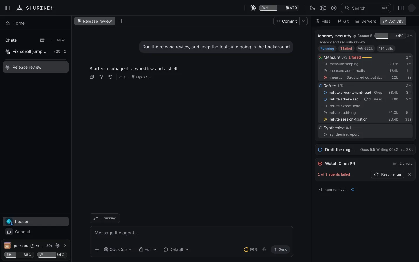 The Activity panel beside a chat: a workflow's phases and agents, a background agent and a shell, live.
