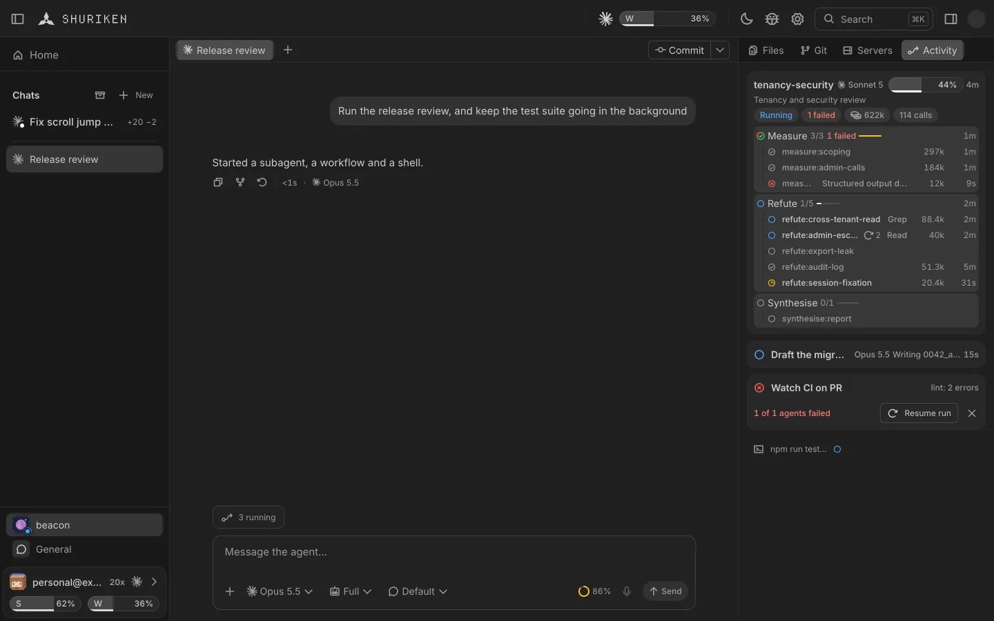 Shuriken's Activity panel: workflow phases, a background agent and a live shell.