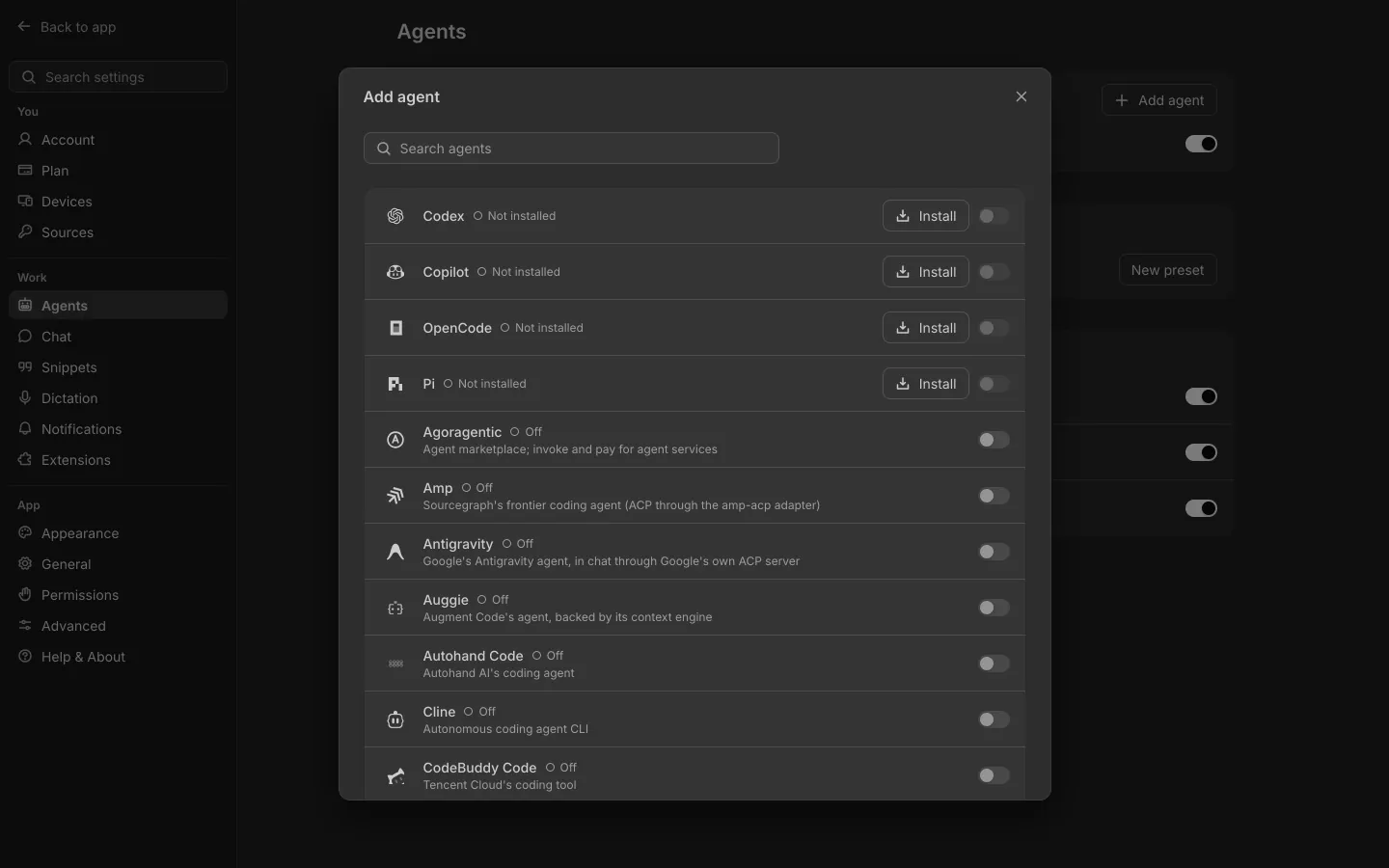 Shuriken's Add agent list: Codex, Copilot, OpenCode, Amp, Antigravity and more.