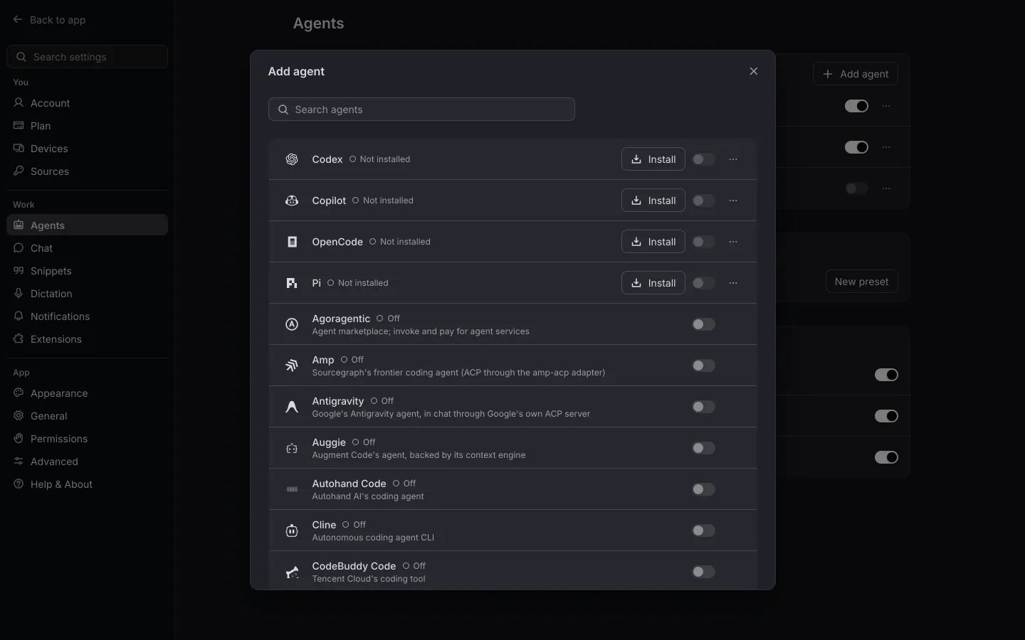 Shuriken's Settings › Agents with the Add agent list open: Codex, Copilot, OpenCode and Pi with Install buttons, then Agoragentic, Amp, Antigravity, Auggie, Autohand Code and Cline, each with a switch.