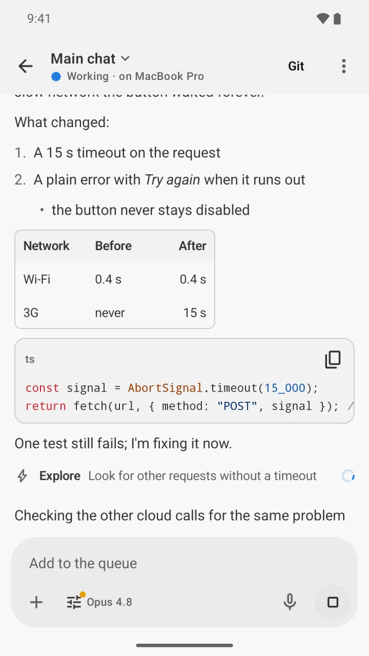 Shuriken on Android in Material 3: a chat as the agent works, Home with what needs you, and the chats waiting on you.