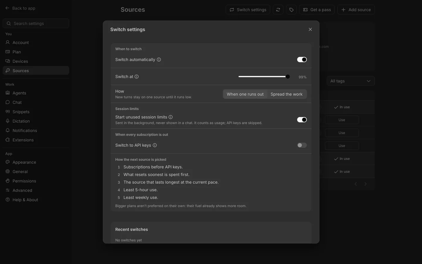 The Sources screen in Shuriken with session limits kept running and four accounts' 5-hour windows counting down.