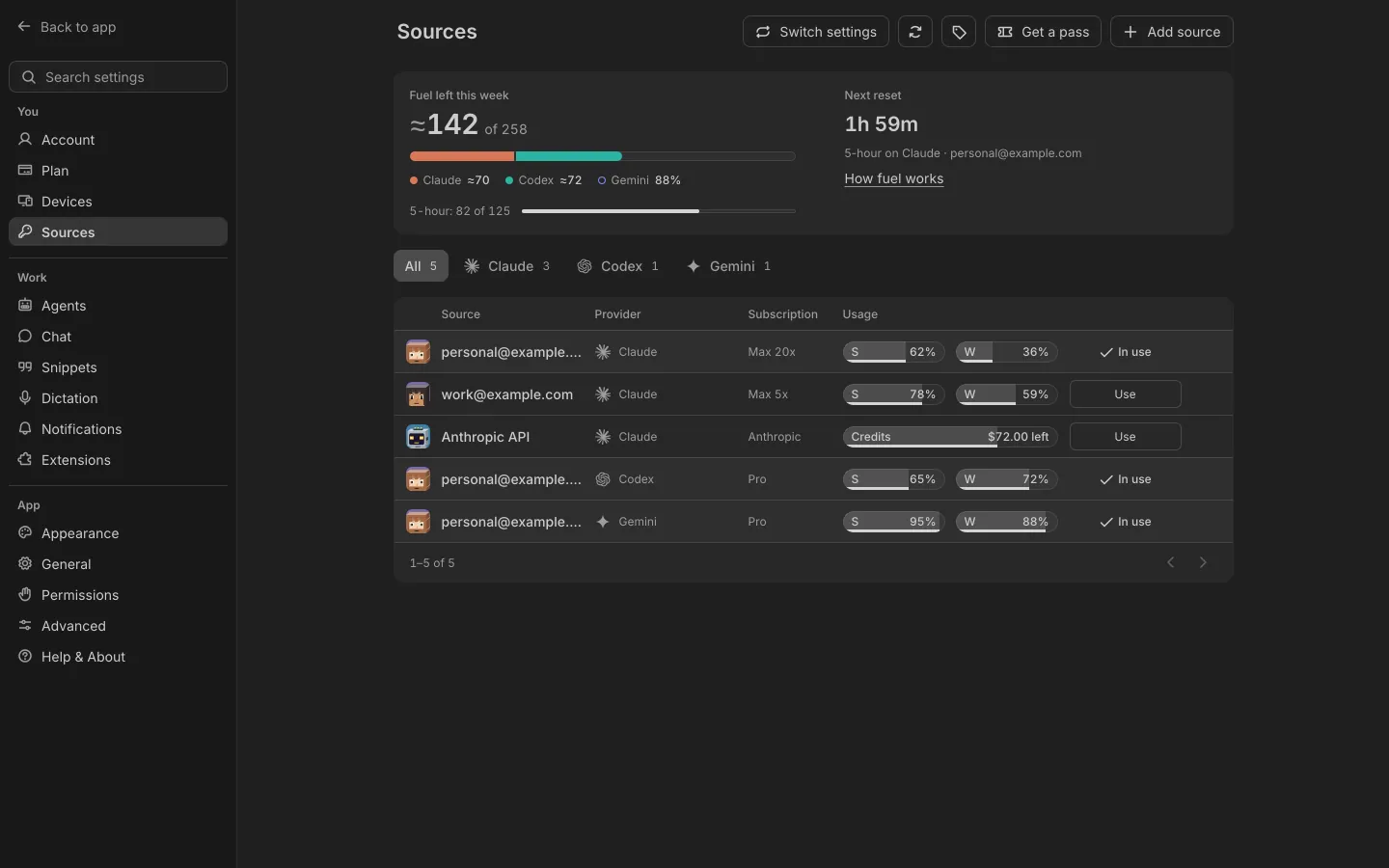 Sources: every subscription and API key with its limits, and the fuel left this week