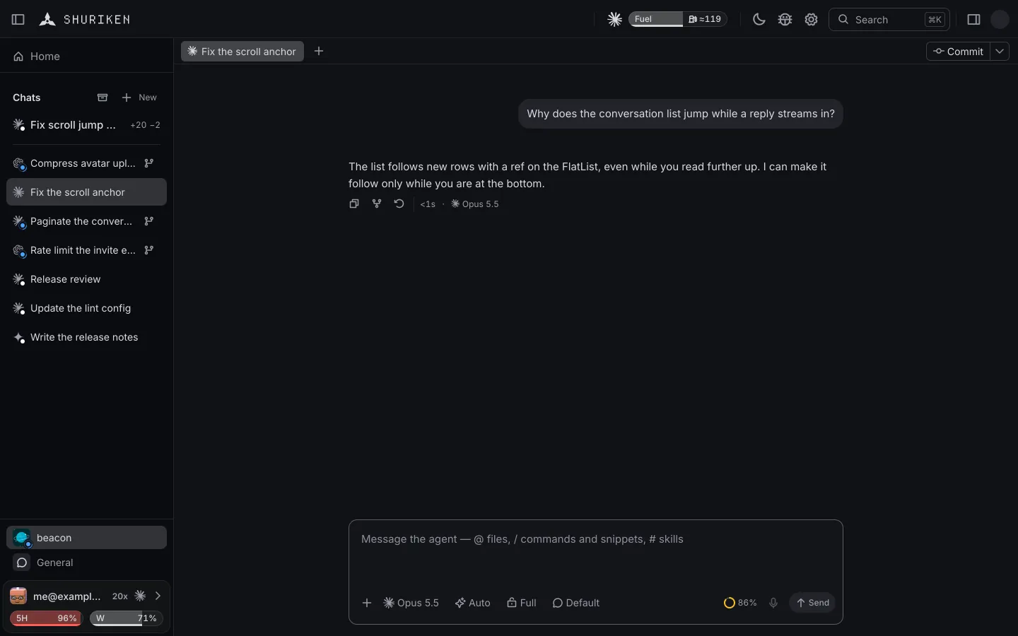 The Shuriken app on a project called beacon, with Claude, Codex and Gemini chats in the sidebar. A chat's account runs out of its limit and the chat carries on on the next account by itself, a finished chat is archived, and the chat is forked into a new chat that works beneath it. It ends on the Shuriken logo.