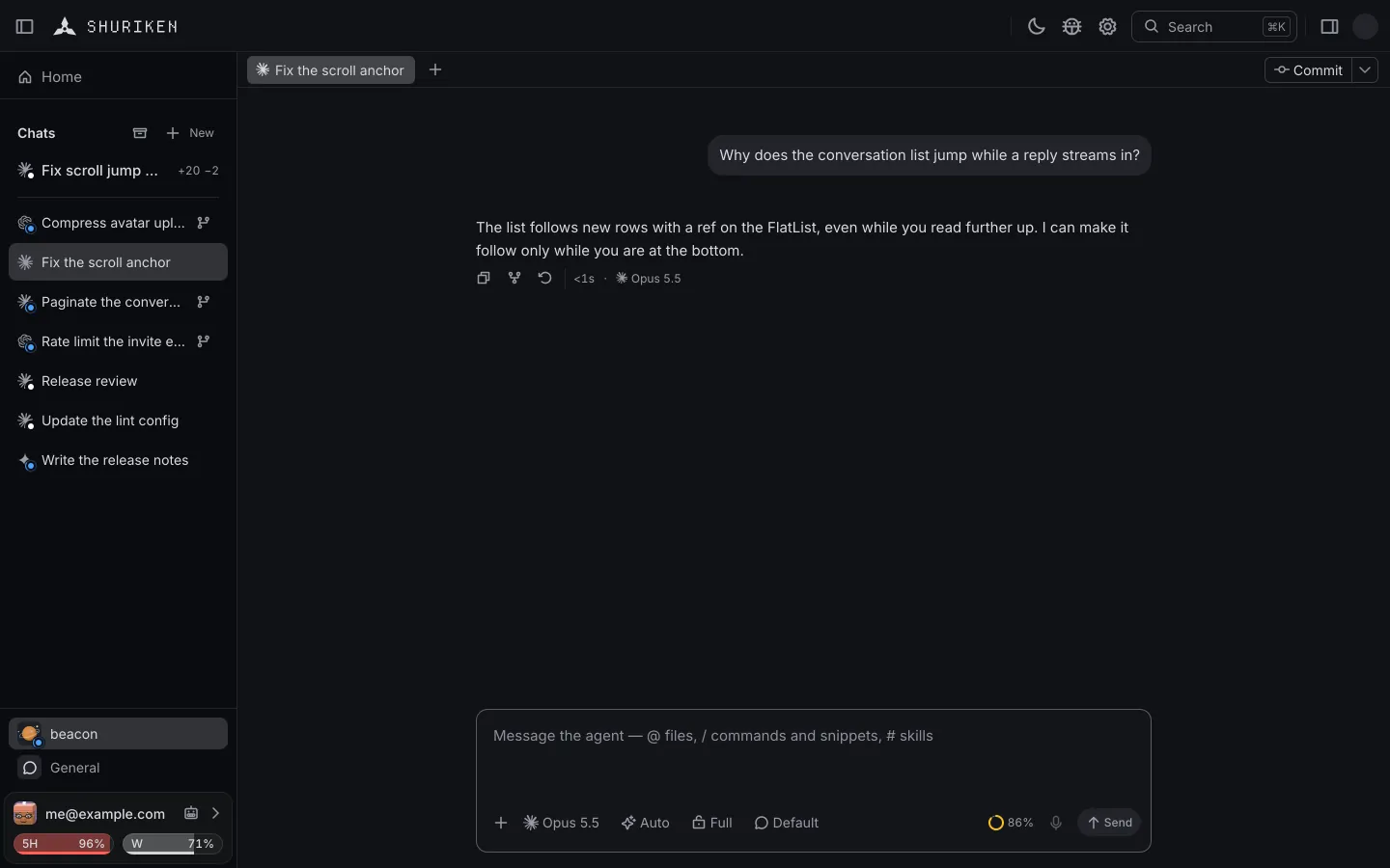 The Shuriken app on a project called beacon, with Claude, Codex and Gemini chats in the sidebar. A chat's account runs out of its limit and the chat carries on on the next account by itself, a finished chat is archived, and the chat is forked into a new chat that works beneath it. It ends on the Shuriken logo.