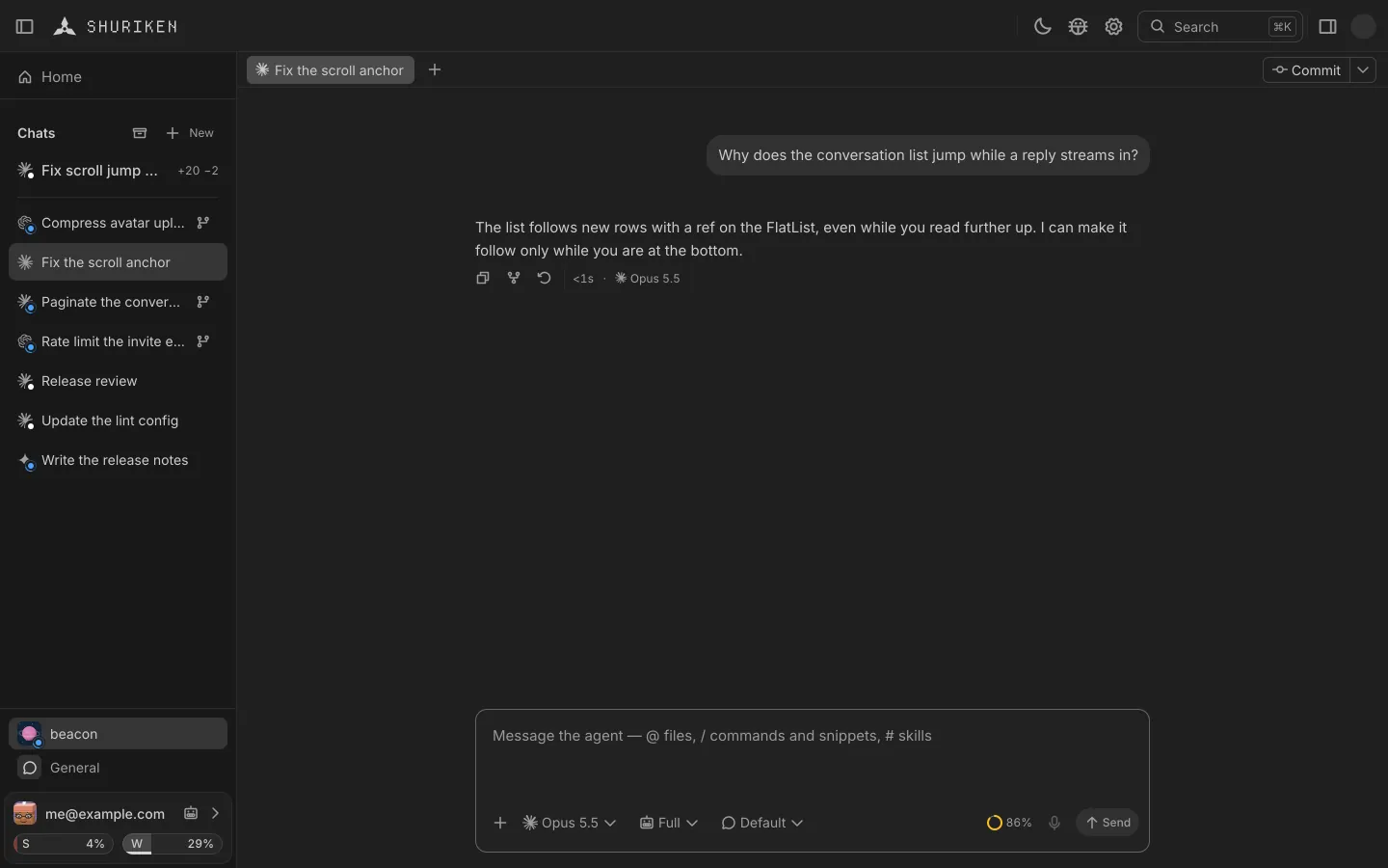 Shuriken with a project open: Claude, Codex and Gemini chats in the sidebar, a chat carrying on on the next account when its limit runs out, and a fork working beneath the chat it came from.