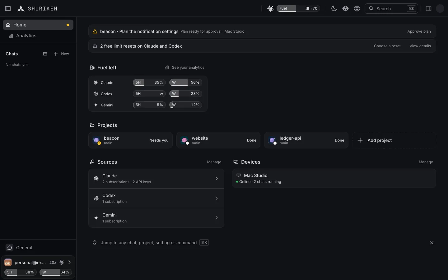 The Shuriken app on a computer, its Home with projects, sources and devices.