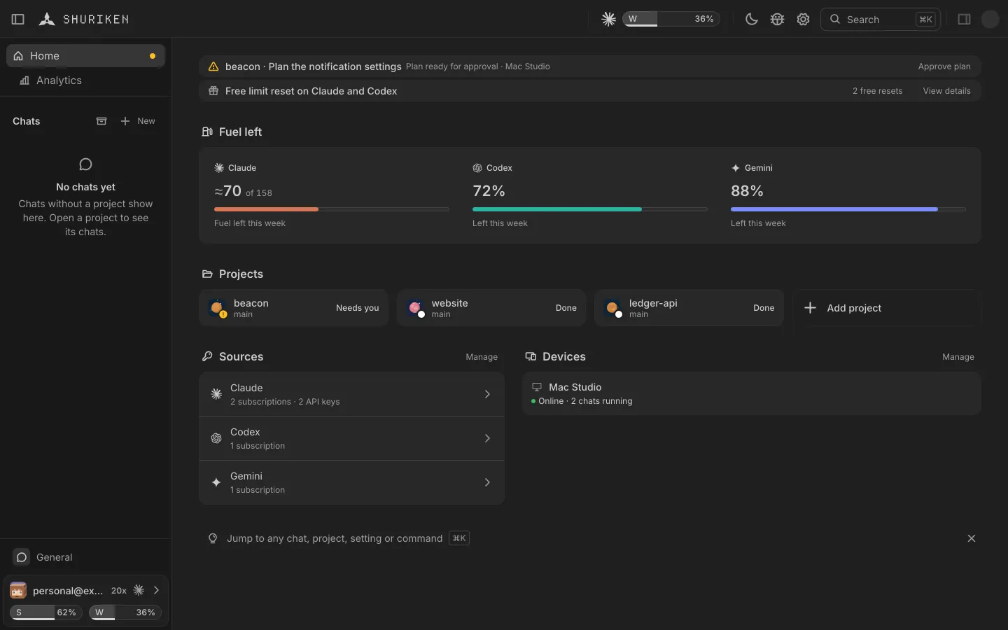 Home: a free limit reset, a chat that needs you, the projects, sources and devices