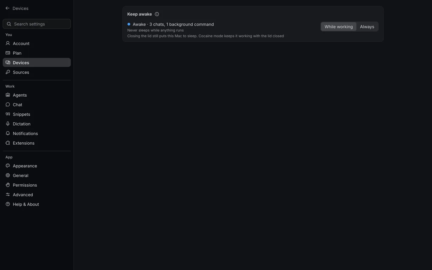 Shuriken's Keep awake setting for a Mac: awake while three chats and a background command run.