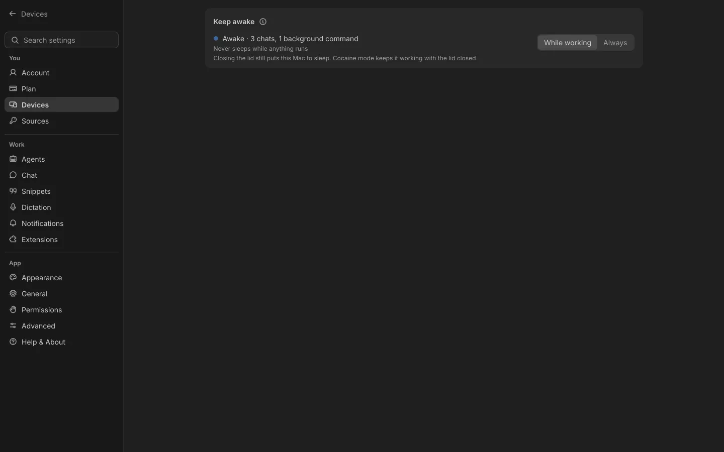 Shuriken's Keep awake setting for a Mac: awake while three chats and a background command run.