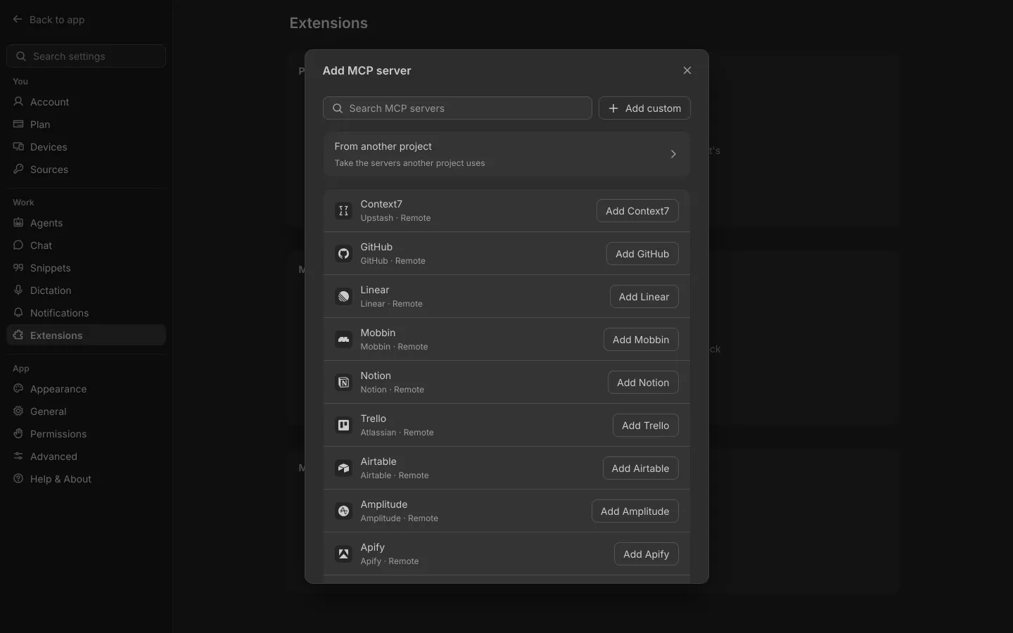 Shuriken's Add MCP server list: Context7, GitHub, Linear, Notion and more.
