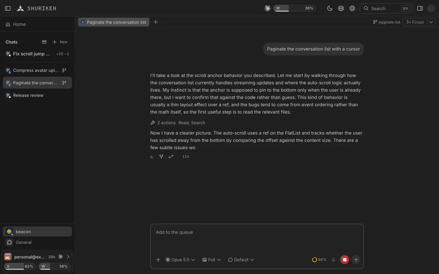 Shuriken with a chat called Paginate the conversation list open in the beacon project, a Finish button at the top right, and the agent's reply in the middle. The Chats list on the left shows four chats, two of them marked with a branch icon.