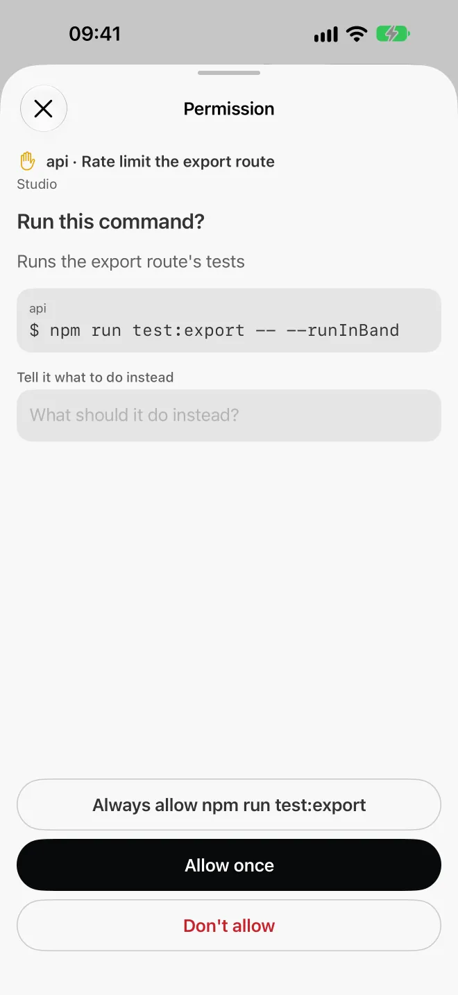 A phone screen titled Permission for the chat api · Rate limit the export route: Run this command? npm run test:export -- --runInBand, an optional field to tell the agent why, and the buttons Allow once, Always allow npm run test:export and Deny.