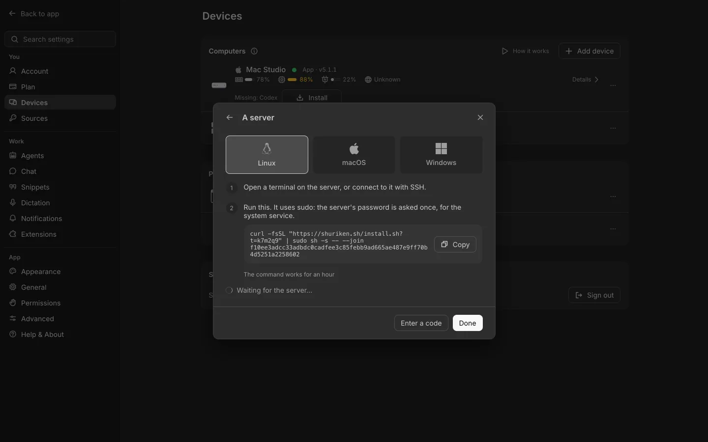 Adding a server in Shuriken: pick Linux, macOS or Windows, then run one command.