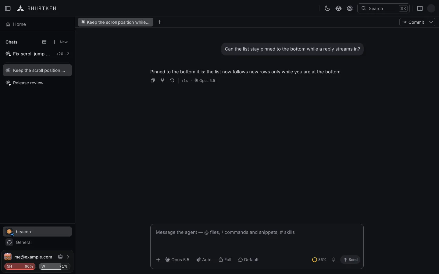 A chat in the Shuriken app reaches the limit of its account and carries on on the next one; the sidebar's source changes and its limits show why.