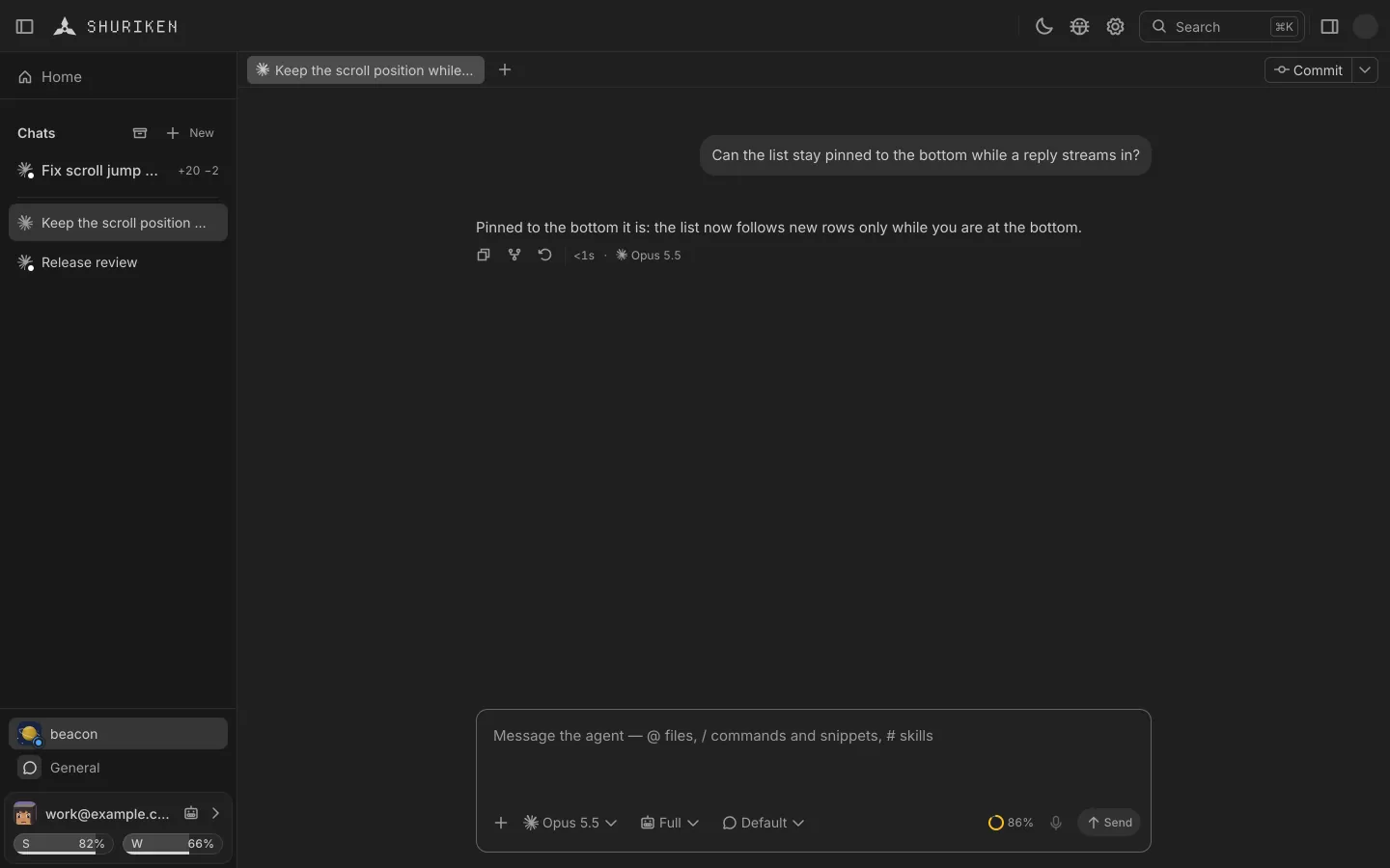 A chat in Shuriken that keeps streaming when its account reaches its limit, moved to the next account.