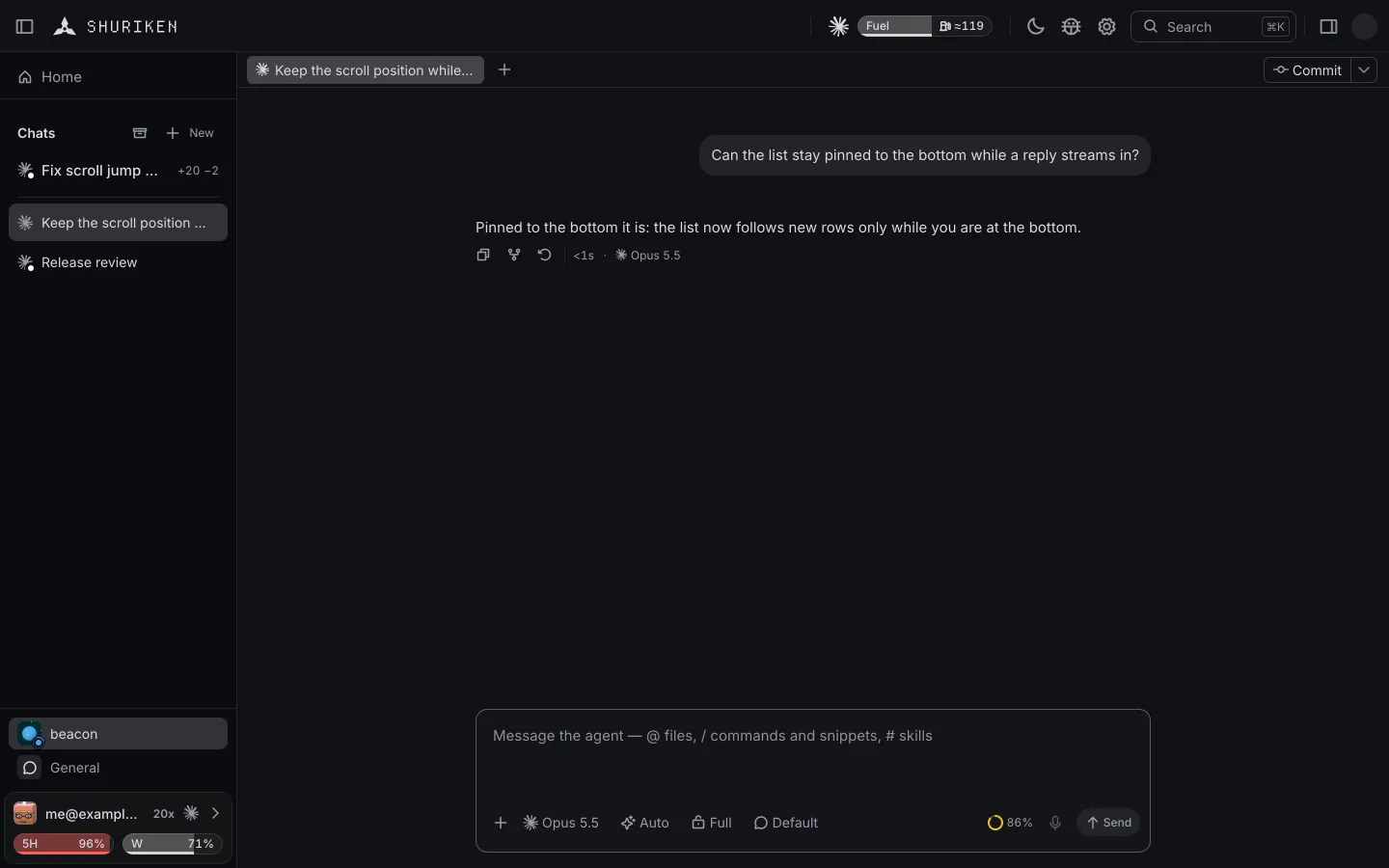 A chat in the Shuriken app reaches the limit of its account and carries on on the next one; the sidebar's source changes and its limits show why.