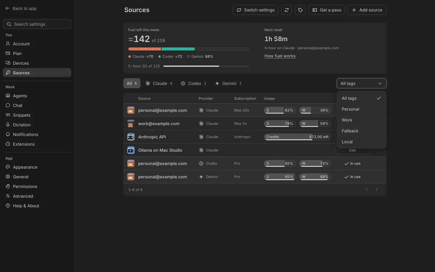 The Sources screen in Shuriken with Work, Personal and Client tags, the tag filter, and a local Ollama model beside the Claude accounts.