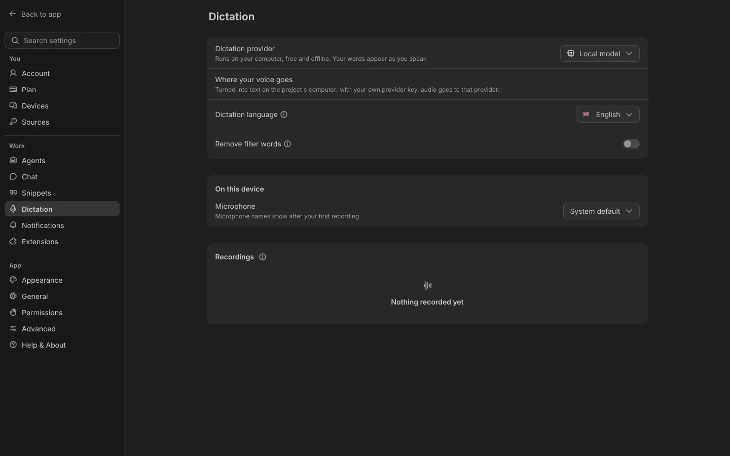 Shuriken's Dictation settings, with a local model on your computer as the provider.