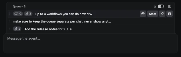 Before: a queue row with a grey Steer chip among filled icon buttons