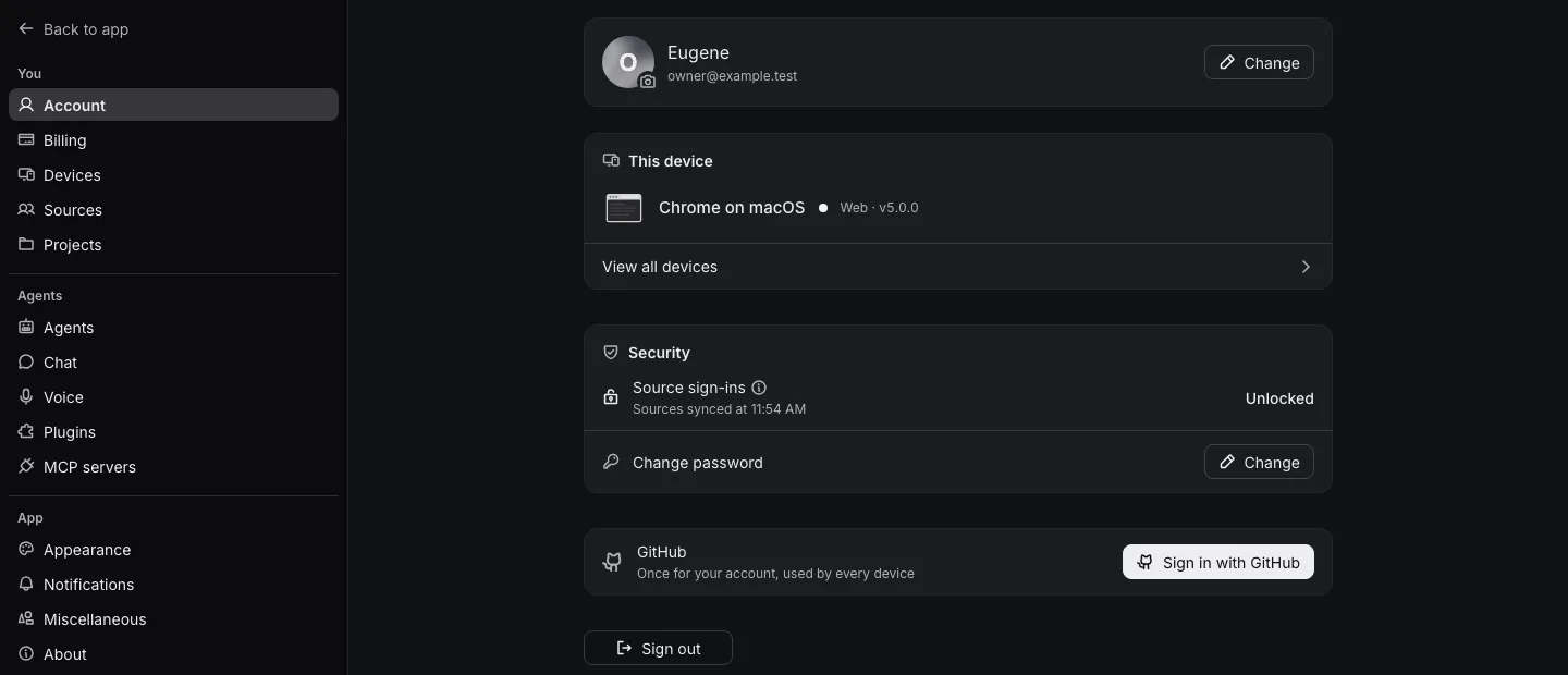 Before: the Account settings page with a 320-wide menu grouped You, Agents and App, and cards with icon headers