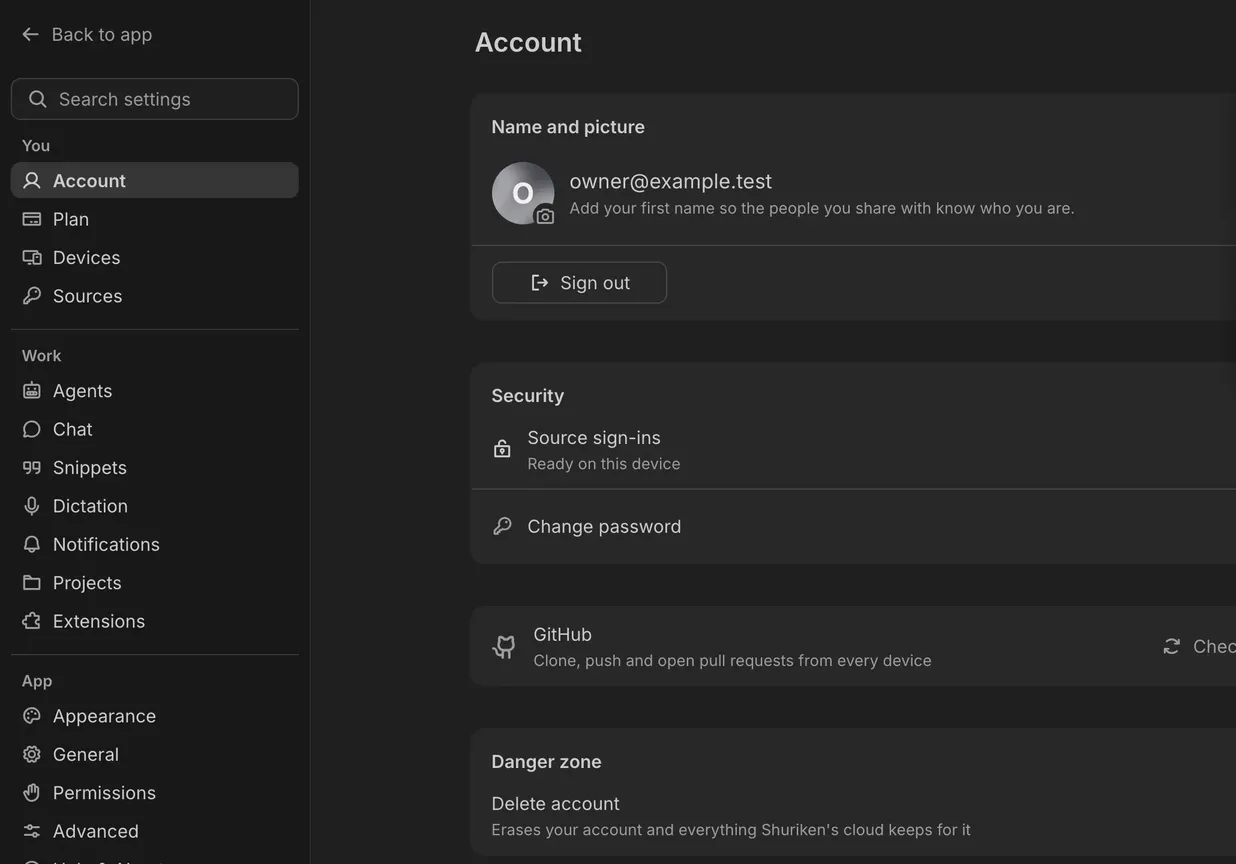 Now: Settings › Account in the current app, the menu grouped You, Work and App, the round profile picture with its initial and a camera badge, Sign out, Security and Danger zone