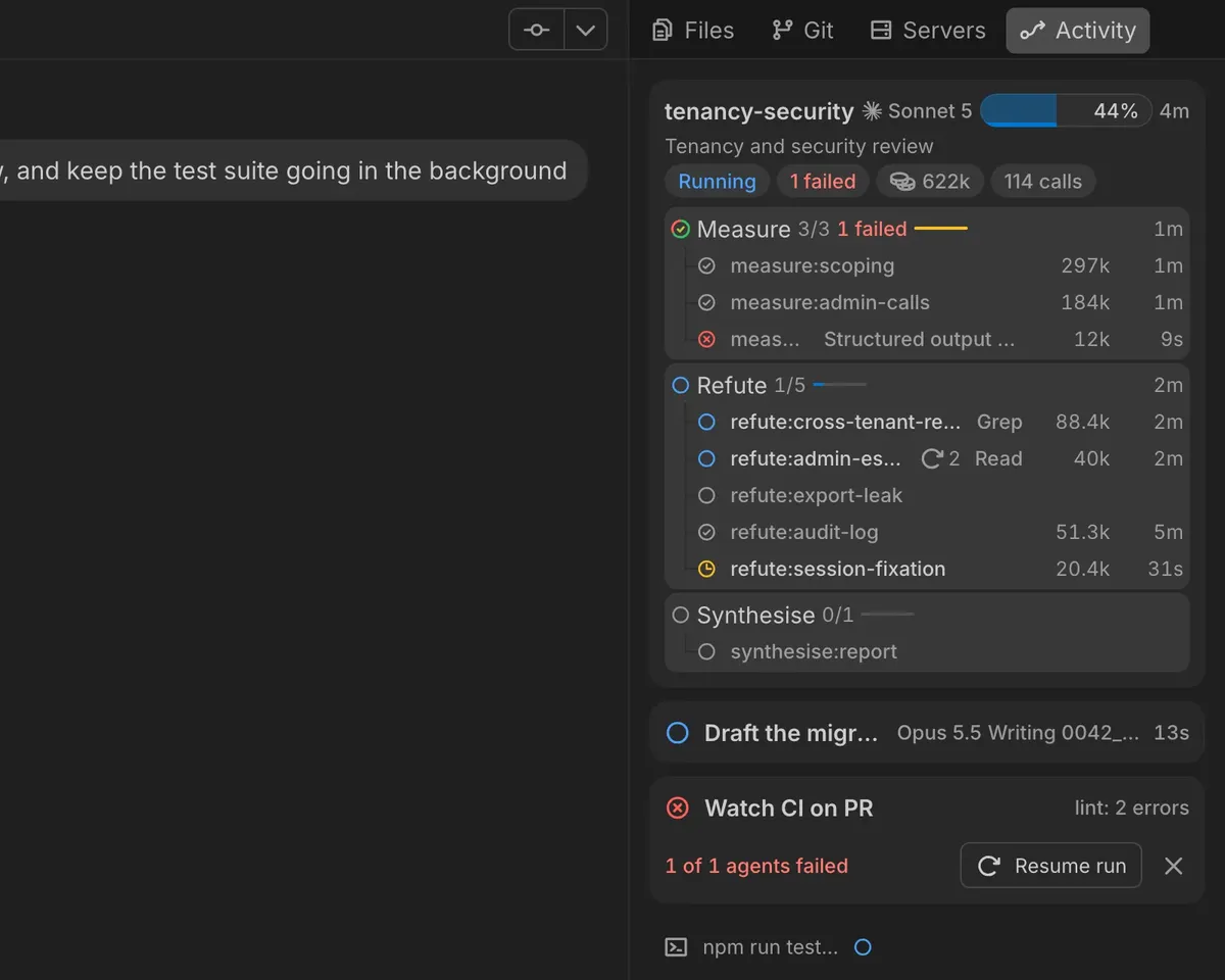 Now: a chat beside the side panel's Files, Git, Servers and Activity tabs, with Activity open on a workflow's phases and subagents, a failed run with Resume run, and a shell