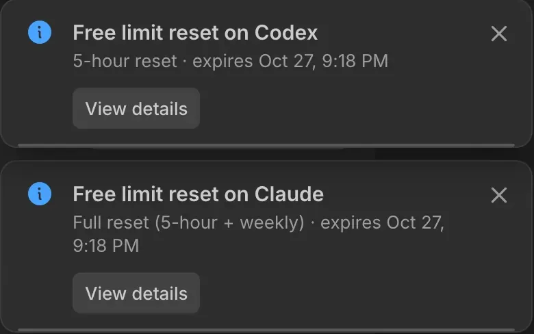 Two toasts stacked in the top-right corner of the current app: a blue info icon, Free limit reset on Codex and on Claude, when each expires, a View details button and a countdown line
