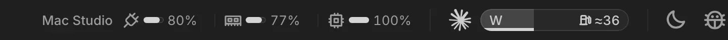 The current top bar: Mac Studio, battery at 80%, memory at 77%, CPU at 100%, then the fuel gauge