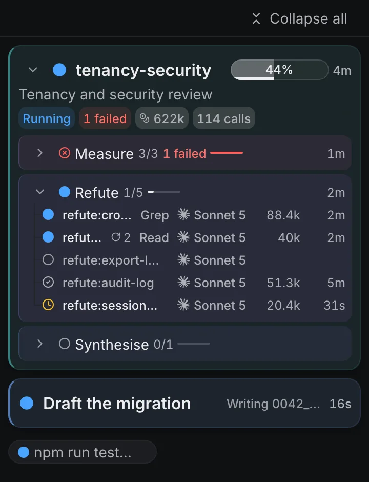 Activity: a review workflow in three phases, a background agent and a test run