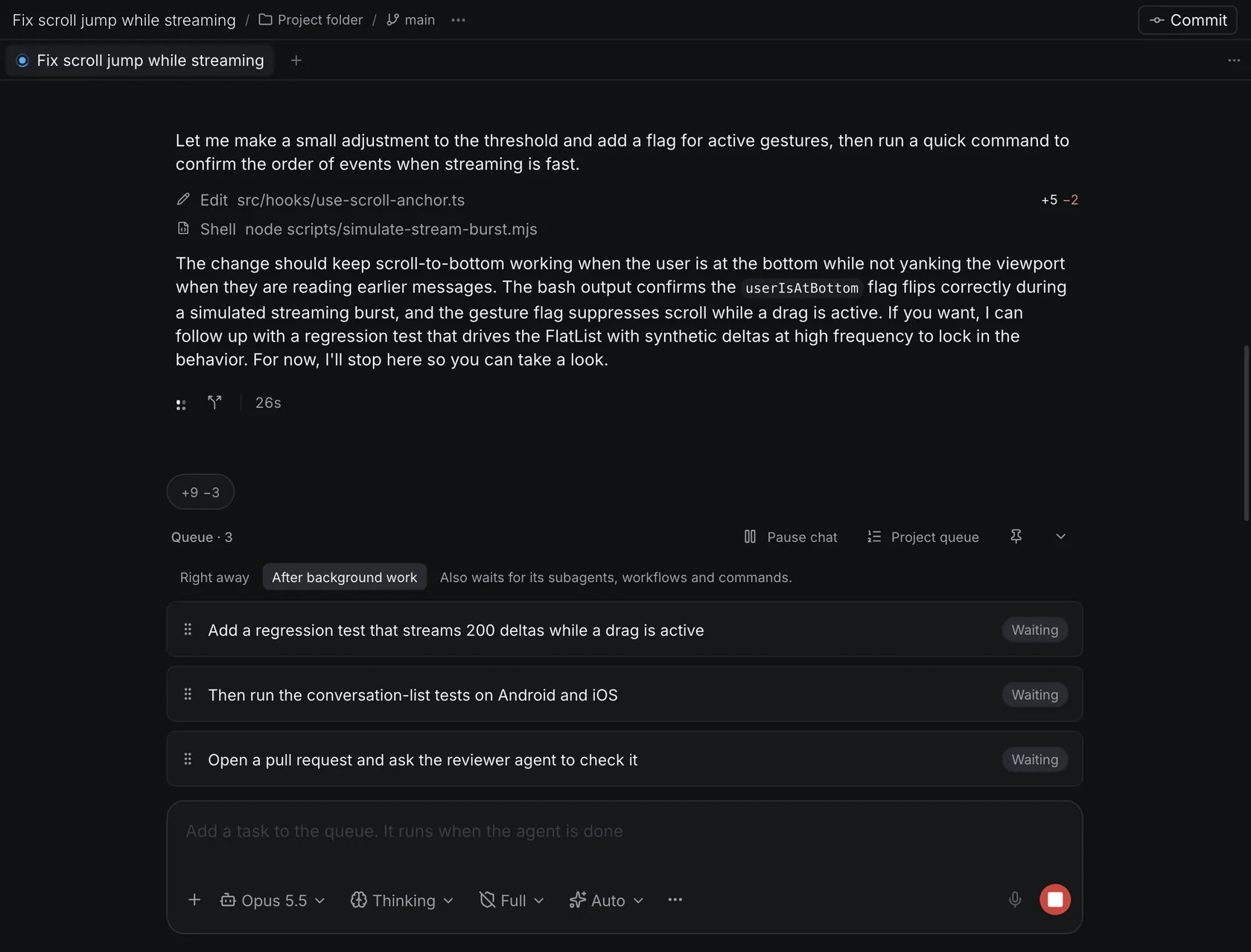 A chat in Shuriken: the agent's last turn, with three more tasks waiting in the queue