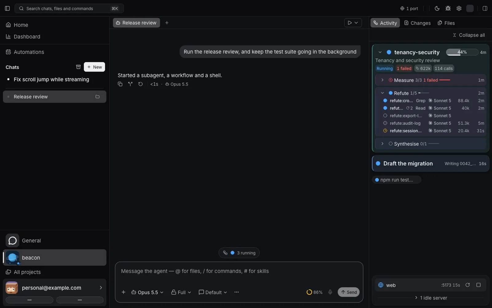 Shuriken at work on a project: a workflow, a background agent and a test run in Activity, a chat that moved to another plan when its own ran out, and tasks waiting in the queue