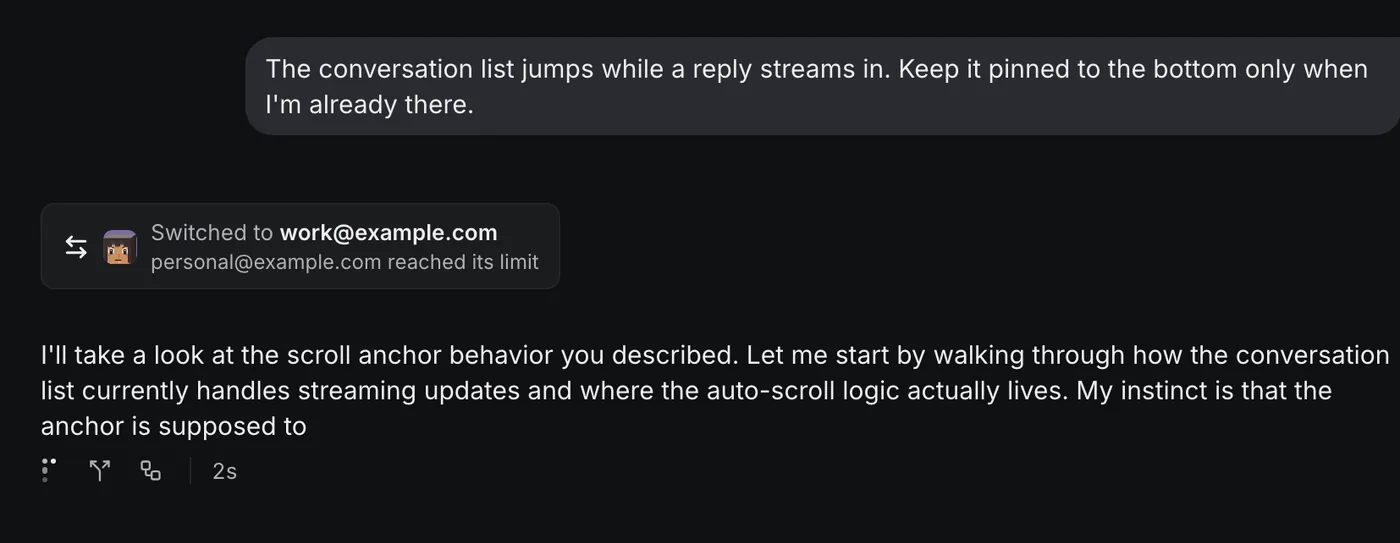 A chat's card: Switched to work@example.com, because personal@example.com reached its limit